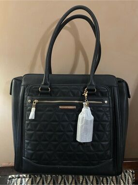 Poppy & Peonies Black Quilted Tote with Gold Hardware